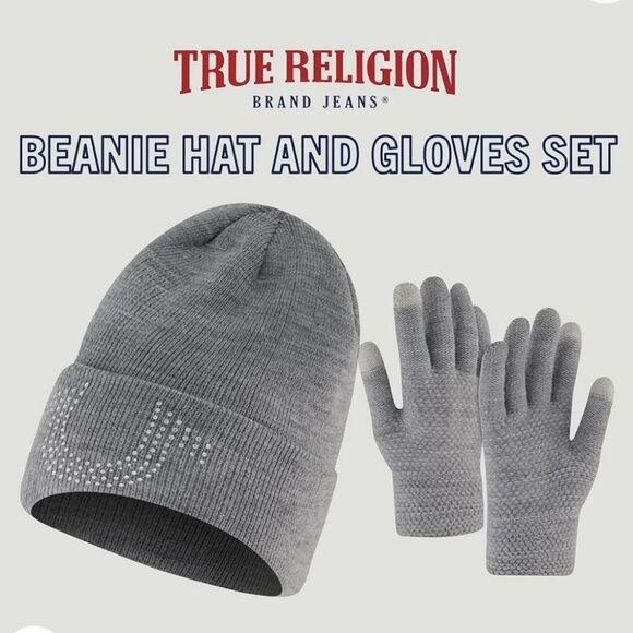 True Religion Rhinestone Beanie & Glove Set